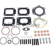 Alliant Power Turbocharger Install Kit for Detroit DD13, DD15, DD16, and Mercedes OM471, OM472, OM473 Includes: Qty:4 Turbo mount gaskets (for various turbine inlet flanges) Qty:1 Turbine outlet to brake/downpipe flange gasket Qty:10 Copper nuts Qty:4 Mounting Bolts Qty:4 Mounting Studs Qty:6 Turbine outlet studs Qty:1 Oil drain flange Qty:1 Axial Turbine o-ring Qty:1 Axial Turbine mounting gasket Qty:4 Aluminum crush washers Qty:1 Drain tube o-ring Qty:2 Charge Pipe O-rings Kit is all-inclusive *every component may not be used for your specific install*