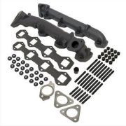 BD Exhaust Manifold Kit 2015 to 2019 Ford 6.7L F250, F350 Pick-Ups and 2017 to 2019 F350, F450, and F550 Cab & Chassis. BD focused on solving one of the Ford 6.7L common failures, the exhaust manifolds. Crafted with a heavy duty 0.275" thick-walled Hi-Silicon ductile casting, this makes these manifolds 75% thicker to combat cracking due to high exhaust temperatures. Thermal durability has been improved with longer exhaust studs and spacers plus thicker, more durable machined bolting flanges. Fully EGR compatible, BD's exhaust manifold set is the perfect replacement for reliability and peace of mind. FEATURES 50-STATE LEGAL! Average flow increase of 8.1% (OEM avg 169cfm/port BD avg 174cfm/port) High-silicon ductile cast iron 75% thicker walls retain heat and prevents warping Machined thicker bolting flange Includes the longest stud and spacer kit that fits across all 8-cylinders Longer exhaust studs improve thermal durability Thick spacers are black oxide coated Designed using computation fluid dynamics Exhaust ports are gasket matched High temperature POR 15 black coated Gaskets included: exhaust manifold, cross over tube, EGR port M8 stud installation tool included Fully EGR compatible Part number: 1043008
